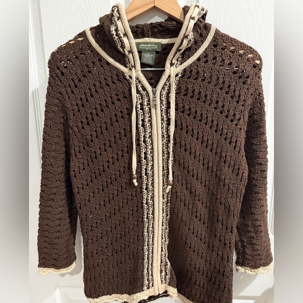 VTG Eddie Bauer Brown Zip-Up Crocheted Sweater Y2K Grandma